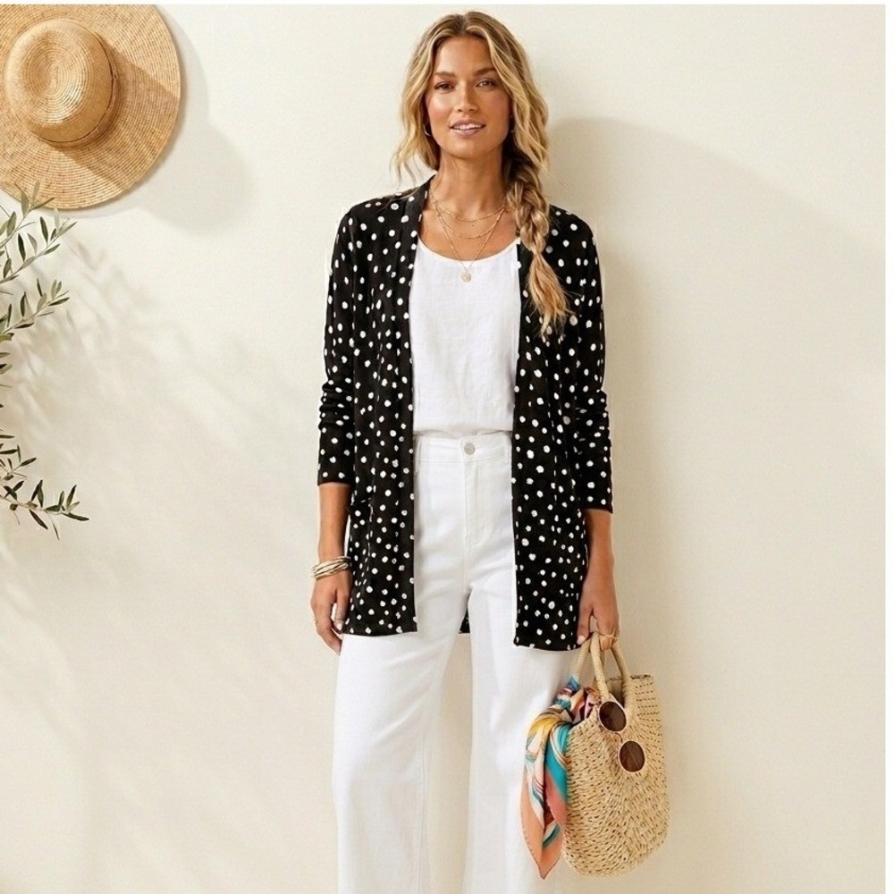 Chico's Polka Dot Cardigan Womens 2 Large Black White Open Front Longline